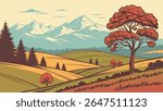 Scenic vector landscape featuring majestic mountains, rolling hills, and vibrant autumn trees. Ideal for nature, outdoor, and travel themes.
