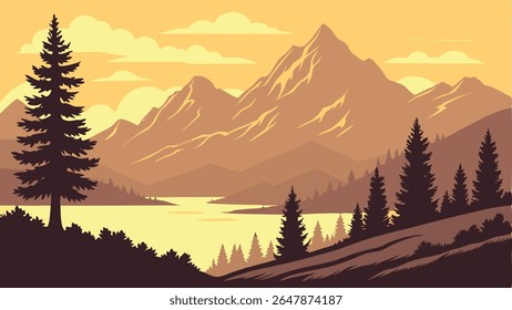 Scenic vector landscape featuring majestic mountains, a serene lake, and evergreen trees under a warm sunset or sunrise sky. Ideal for nature themes.