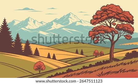 Scenic vector landscape featuring majestic mountains, rolling hills, and vibrant autumn trees. Ideal for nature, outdoor, and travel themes.