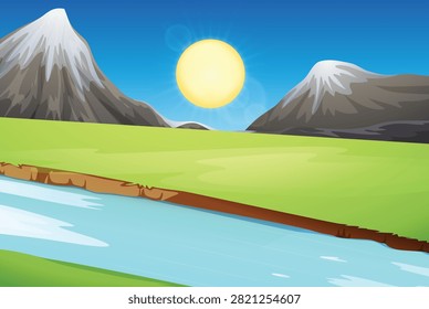 Scenic vector landscape illustration featuring snowy mountain peaks, a bright sun, green grassy fields, and a flowing river.