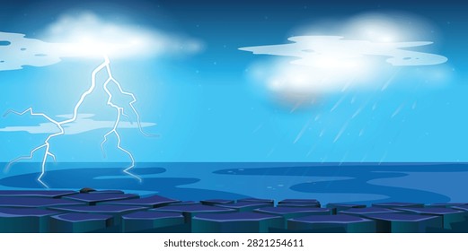 Scenic vector landscape illustration featuring a stormy night sky with lightning, heavy rain clouds, ocean water, and a rocky shoreline