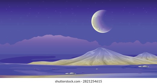Scenic vector landscape illustration featuring a purple starry night sky, crescent moon, distant mountain ranges, sandy hills, and a calm water body