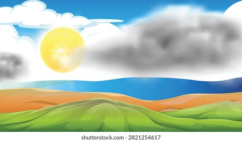 Scenic vector landscape illustration featuring rolling green hills, an orange horizon, a bright sun, and a large dark storm cloud