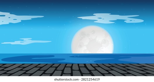 Scenic vector landscape illustration featuring a starry night sky, full moon, ocean water, and a stone boardwalk.
