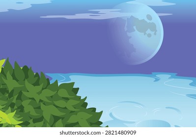 Scenic vector landscape illustration featuring green foliage in the foreground, a blue water body with gentle ripples, and a large full moon in a night sky