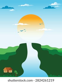 A scenic vector landscape illustration featuring a flowing blue river winding through lush green hills and mountains. In the foreground, a traditional stilt village house sits beside coconut palm trees. The background highlights a giant bright sun, flying birds, and soft clouds under a vibrant blue sky. Ideal for nature-themed posters, book covers, travel banners, wallpapers, and eco-friendly design projects.