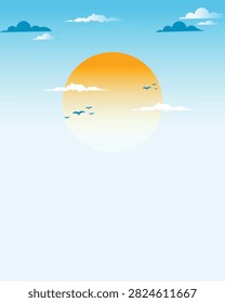 A scenic vector landscape illustration featuring a flowing blue river winding through lush green hills and mountains. In the foreground, a traditional stilt village house sits beside coconut palm trees. The background highlights a giant bright sun, flying birds, and soft clouds under a vibrant blue sky. Ideal for nature-themed posters, book covers, travel banners, wallpapers, and eco-friendly design projects.