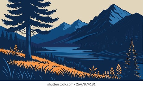 Paisagem vetor cenic com majestosas montanhas azuis, lago sereno, e pinheiros exuberantes. Ideal para a natureza, viagens ou temas ao ar livre.