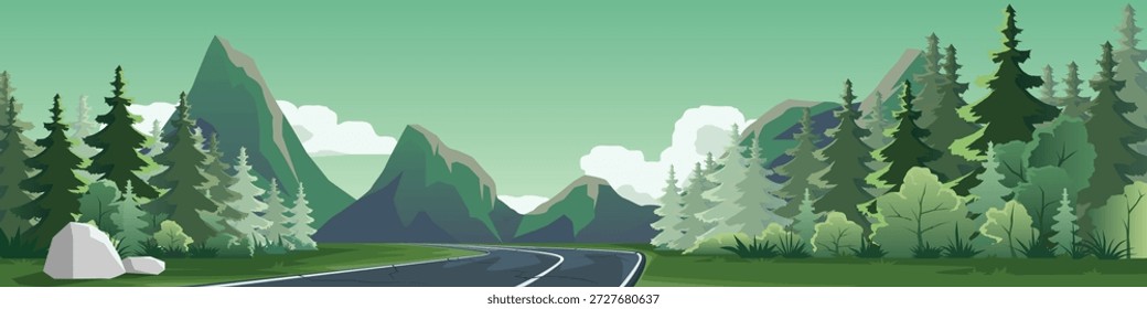 Landschaftliche Vektorlandschaft mit einer gewundenen Asphaltstraße durch einen grünen Kiefernwald in Richtung Berge. Flache Naturhintergrund-Illustration geeignet für Reiseabenteuer und Outdoor-Banner.