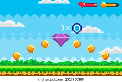 Nível de jogo de vídeo cênico em estilo pixel art com uma joia roxa e moedas de ouro flutuando no céu. Os ícones de coração e espada no canto superior direito indicam o status do jogador. Ideal para jogos, nostalgia, retro