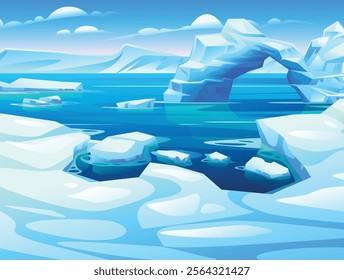 Scenic view of Arctic ocean with ice formations and arch shaped iceberg reflecting on water. Vector cartoon illustration