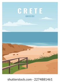 Vista panorámica de la playa en la Grecia creta. ilustración vectorial de fondo de paisaje adecuado para afiche, postal, tarjeta, impresión.