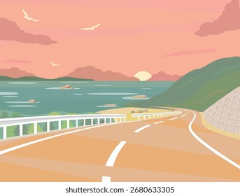 Vista panorámica de conducción. Océano y puesta de sol.