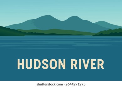 A scenic view of the Hudson River with the Catskill Mountains in the distance, where the calm river winds through lush green valleys beneath the towering peaks