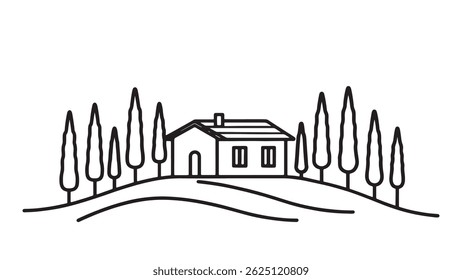 Scenic view of an Italian countryside with cypress trees surrounding a charming house line art flat vector illustration