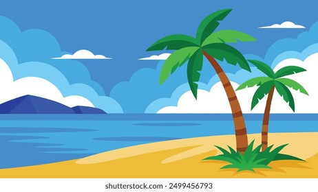 Scenic view of palm trees and blue ocean on a sandy beach flat vector illustration