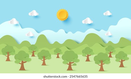 Scenic view of the park with green grass field with mountain and cloud sky background. Beautiful green park. Paper cut and craft style illustration