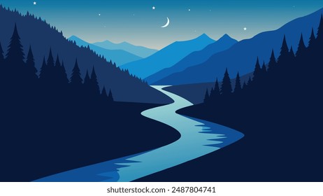 Panoramablick auf einen Fluss, der sich durch eine dichte, dunkle Waldfläche schlängelt Natürliche Vektorgrafik Hintergrund-Illustration.