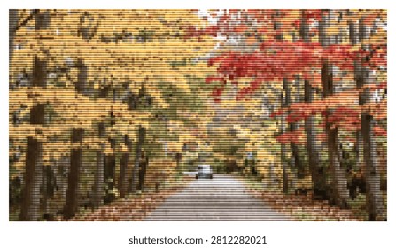 Scenic view of rural road winding through vibrant autumn forest with red and yellow leaves. Peaceful nature landscape featuring deciduous trees and driving vehicle.