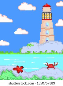 Scenic view, sea, lighthouse, crab and starfish on the rocks, illustration pixel art style