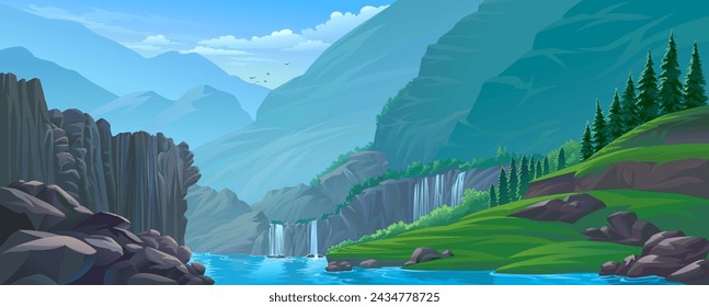 A scenic view of Serene Waterfalls, Pristine Pools, Towering Cliffs, Verdant Trees, and Majestic Mountains.