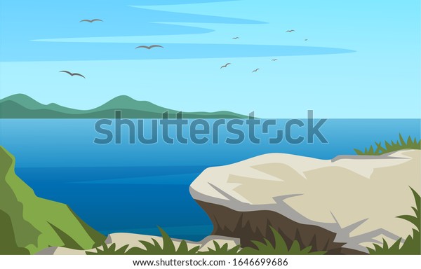 水面に浮かぶ石の崖の上から見た景色 大きな湖 山川 海の上を空に飛ぶ漫画の鳥やカモメ 静けさと平和の絵 自然の風景 ベクターイラスト のベクター画像素材 ロイヤリティフリー