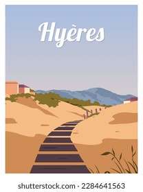 Scenic view of summer in Hyeres, France. travel poster illustration with colored style.