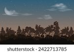 A scenic view of sunrise with dark sky full of stars, cloudy, disappearing half moon against a forest. Moment before sunrise. Used for backgroud scenes in 2D cartoons, animated movies. Editable. EPS.