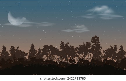 A scenic view of sunrise with dark sky full of stars, cloudy, disappearing half moon against a forest. Moment before sunrise. Used for backgroud scenes in 2D cartoons, animated movies. Editable. EPS.