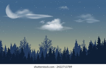 A scenic view of sunrise with dark sky full of stars, cloudy, dull half moon against a deep forest. Moment before sunrise. Used for  backgroud scenes in 2D cartoons and animated movies. Editable. EPS.