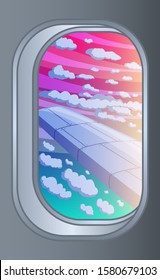 Scenic view of sunset, clouds and on the wing from aircraft window. Flying and traveling concept. Vector illustration