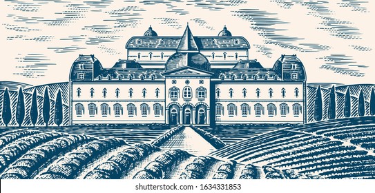 Scenic view of vineyards. Panoramic vine plantation in Chianti. French or Italian engraved landscape. Castle winery and villa, Rural Fields and hills of Tuscany. Hand drawn monochrome vintage sketch.