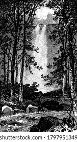 A scenic view of the water flowing over a vertical drop, vintage line drawing or engraving illustration.