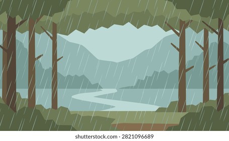 Scenic view of a winding river flowing through a lush green forest during a heavy rainstorm with distant mountains.