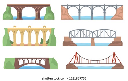 Scenic views with bridges set. Arch constructions, aqueducts, rivers, cliffs, landscapes isolated on white background. Flat vector illustrations for architecture, landmark, transportation concept svg
