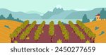 Scenic vineyard landscape, with rows of grapevines leading to a quaint estate against a backdrop of rolling hills and mountains. Vector illustration captures the tranquility of wine country.