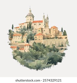 Scenic watercolor of a Mediterranean village. Village buildings with red roofs. Mediterranean charm with lush greenery. Picturesque village landscape. Vintage art drawing, isolated vector element.