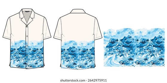 Scenic watercolor shirt design showcasing a serene mountain range with forest and lake elements in cool blue tones. This artistic print wraps around a casual short-sleeve button-up shirt