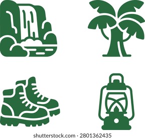 Scenic waterfall surrounded by lush palm trees, hiking boots, and a lantern in nature