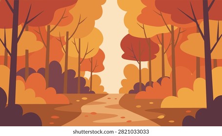 Scenic winding path through an autumn forest filled with tall yellow and orange trees under a bright warm sky.