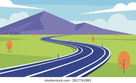 Scenic winding road cuts through vibrant green fields toward a majestic purple mountain range under a cloudy sky.