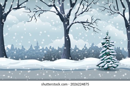 scenic winter snowfall landscape. seamless snow background with trees, road and forest. park or garden snowy panorama. cold season scene. Cartoon vector illustration great for game location design