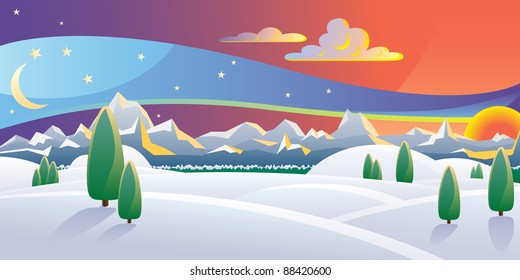 Scenic winter sunset landscape vector illustration