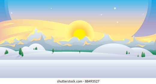 Scenic winter sunset landscape vector illustration