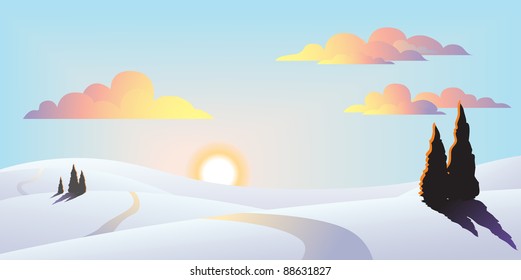 Scenic winter sunset landscape vector illustration