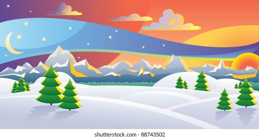 Scenic winter sunset landscape vector illustration