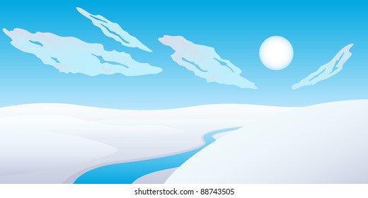 Scenic winter sunset landscape vector illustration