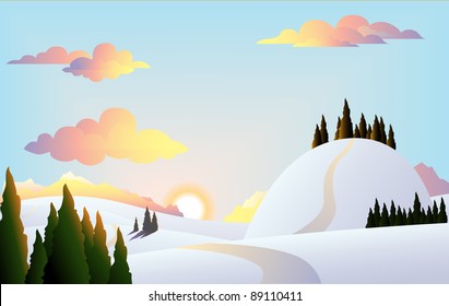 Scenic winter sunset landscape vector illustration