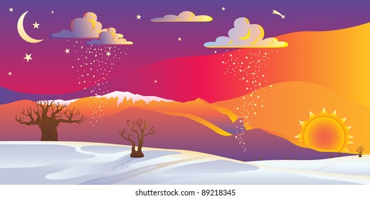 Scenic winter sunset landscape vector illustration