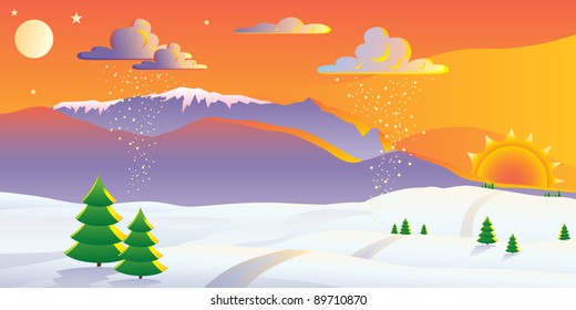 Scenic winter sunset landscape vector illustration